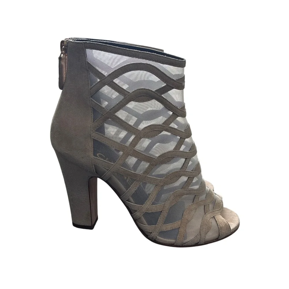 Chanel Taupe Suede Cage Booties EU 36 Peep Toe‎ Heels 3.5